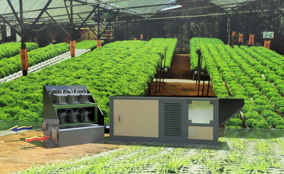 A Kazadi liquid desiccant air system installed in a controlled-environment greenhouse, conditioning rows of leafy crops