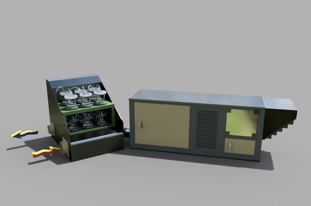 Render of the Kazadi liquid desiccant air system and Ring Regenerator hardware unit